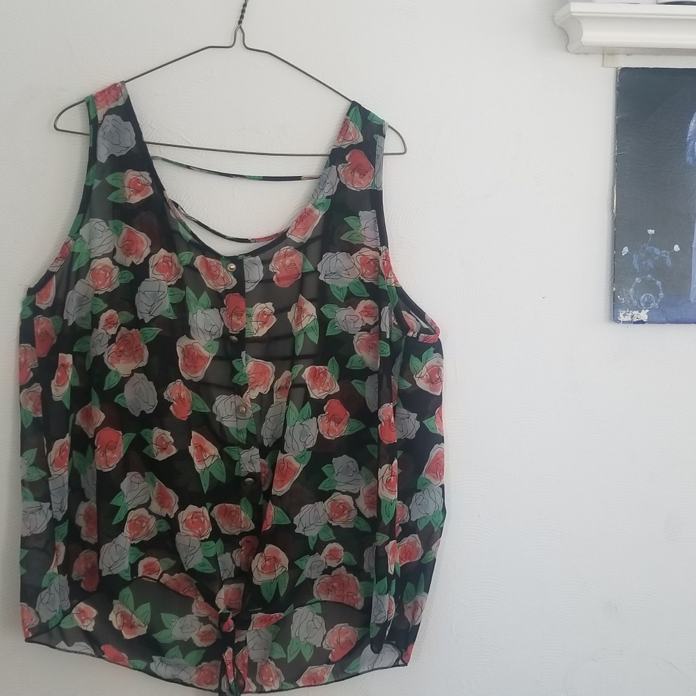 Sheer floral front tie shirt PLUS SIZE